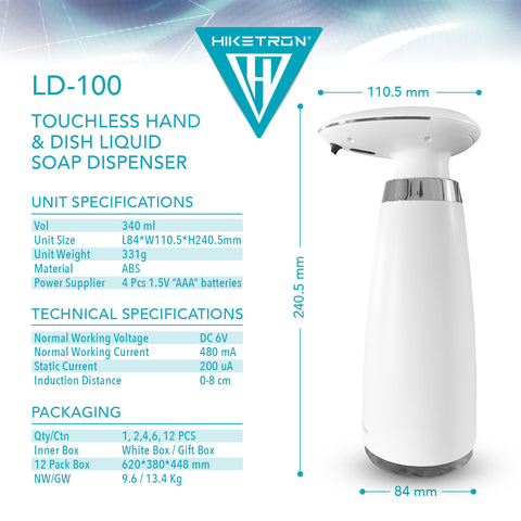 Hiketron Countertop Touchless Hand & Dish Liquid Soap Dispenser - Specs