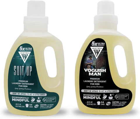 Voguish Man and Suit Up - 2 Pack Bundle Liquid Laundry Detergent, 5x Ultra Concentrated, Tough Stains Remover, Long Lasting Scent (80 Fl Oz)