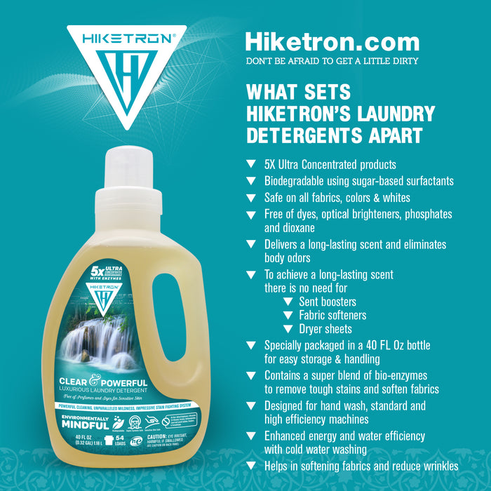 Hiketron 5X Ultra Concentrated | Scent Free Liquid Laundry Detergent | Removes Tough Stains | Machine Friendly | Natural Enzymes | Clear & Powerful